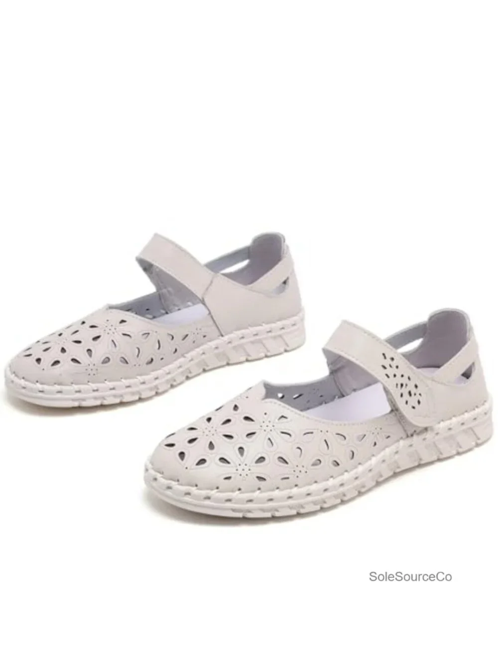 Women's Mary Jane Flats - Breathable Floral Cutout Walking Shoes with Strap,